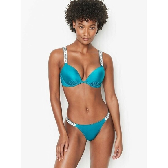 NWT VICTORIA'S SECRET VS SWIMWEAR RHINESTONE SHINE STRAP SET 38C & LARGE BOTTOM
